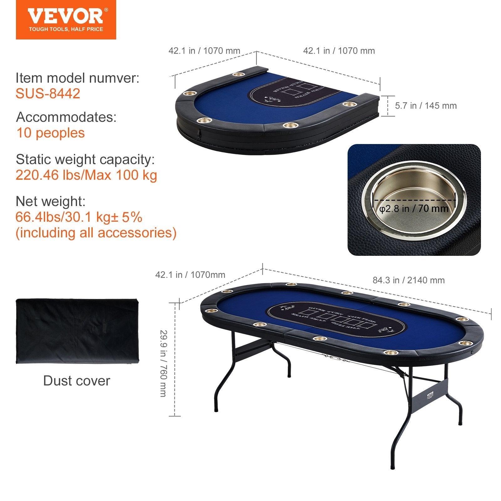 VEVOR 10 Player Foldable Poker Table, Blackjack Texas Holdem Poker Table with Padded Rails and Stainless Steel Cup Holders, Portable Folding Card Board Game Table, 84