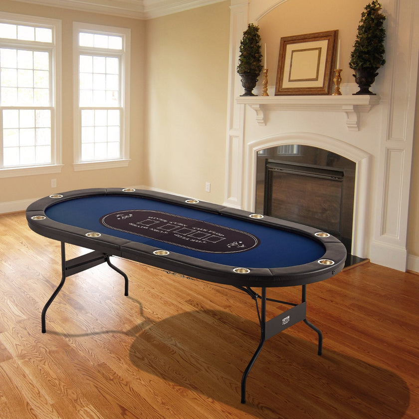 VEVOR 10 Player Foldable Poker Table, Blackjack Texas Holdem Poker Table with Padded Rails and Stainless Steel Cup Holders, Portable Folding Card Board Game Table, 84