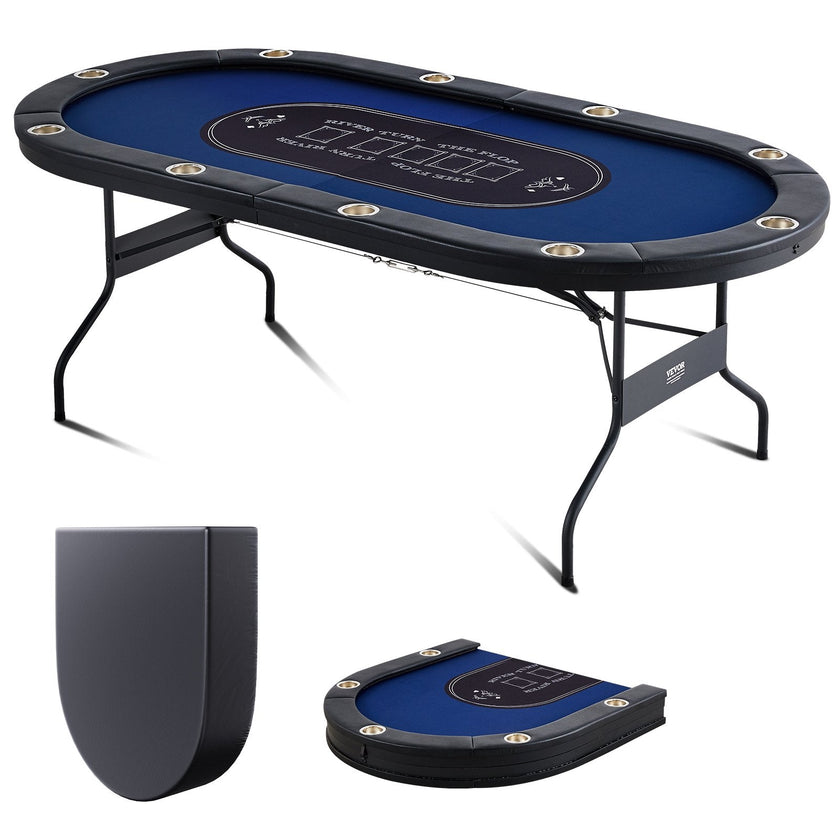 VEVOR 10 Player Foldable Poker Table, Blackjack Texas Holdem Poker Table with Padded Rails and Stainless Steel Cup Holders, Portable Folding Card Board Game Table, 84