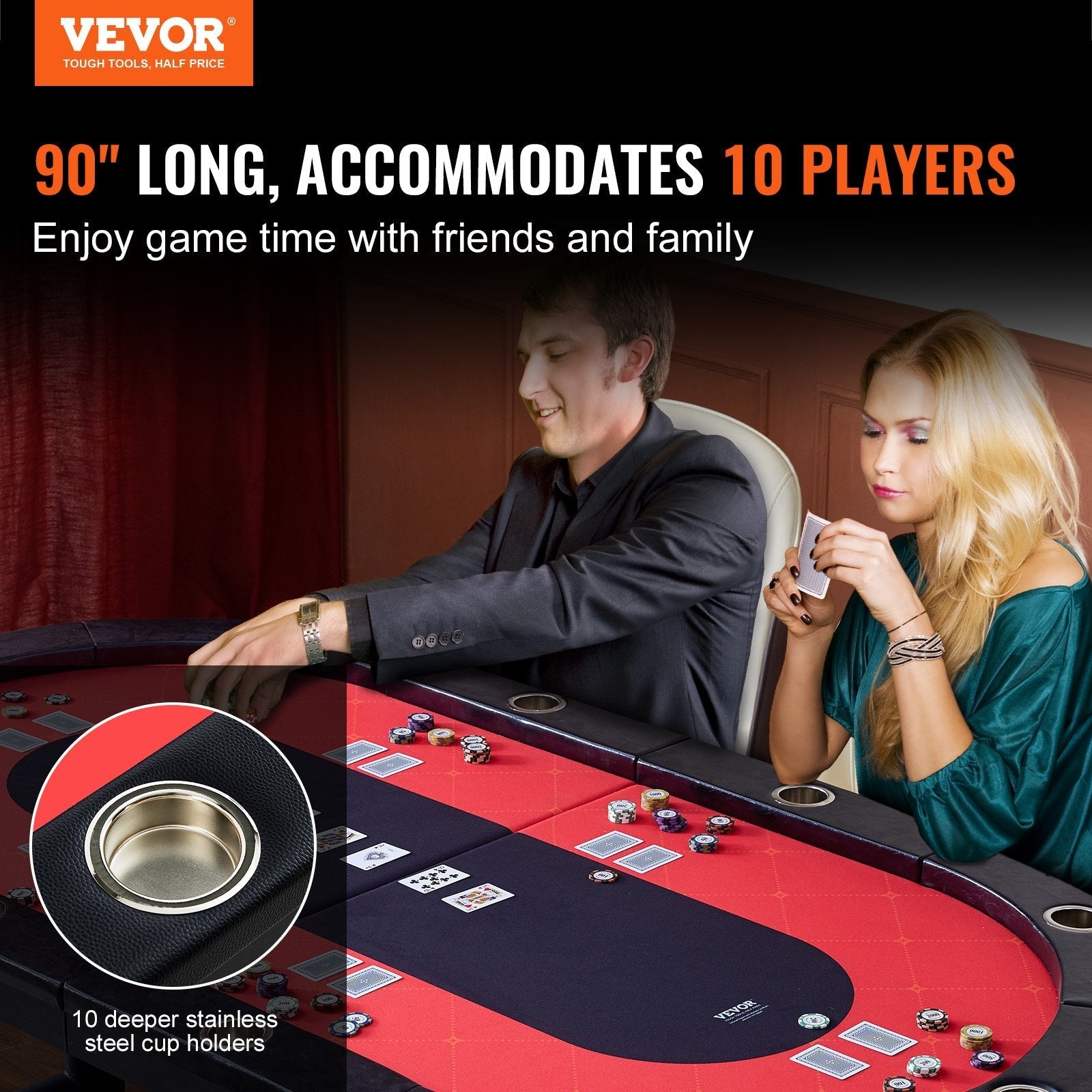 VEVOR 10 Player Foldable Poker Table, Blackjack Texas Holdem Poker Table with Padded Rails and Stainless Steel Cup Holders, Portable Folding Card Board Game Table, 90