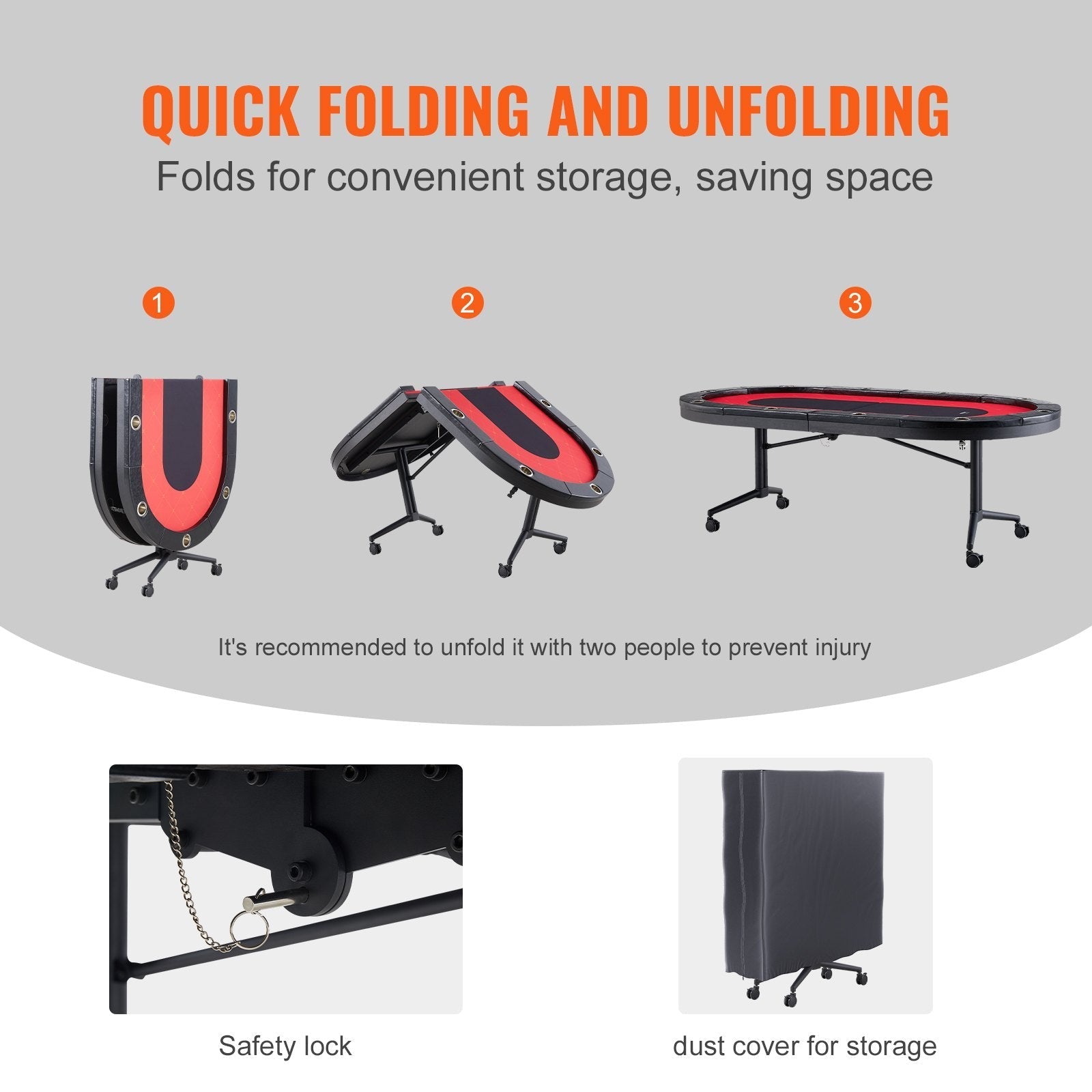 VEVOR 10 Player Foldable Poker Table, Blackjack Texas Holdem Poker Table with Padded Rails and Stainless Steel Cup Holders, Portable Folding Card Board Game Table, 90