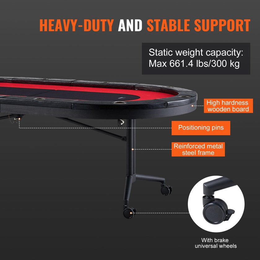 VEVOR 10 Player Foldable Poker Table, Blackjack Texas Holdem Poker Table with Padded Rails and Stainless Steel Cup Holders, Portable Folding Card Board Game Table, 90