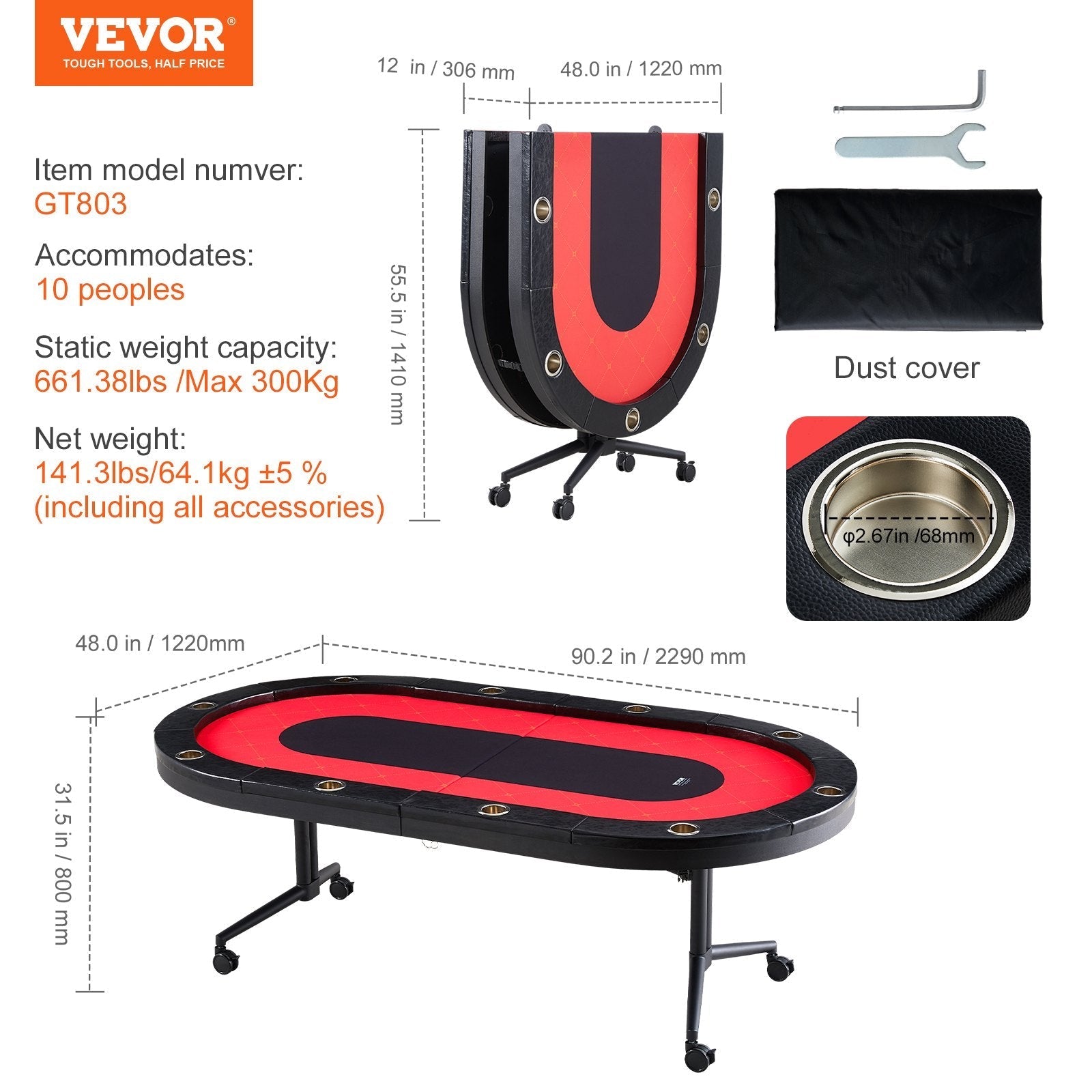VEVOR 10 Player Foldable Poker Table, Blackjack Texas Holdem Poker Table with Padded Rails and Stainless Steel Cup Holders, Portable Folding Card Board Game Table, 90