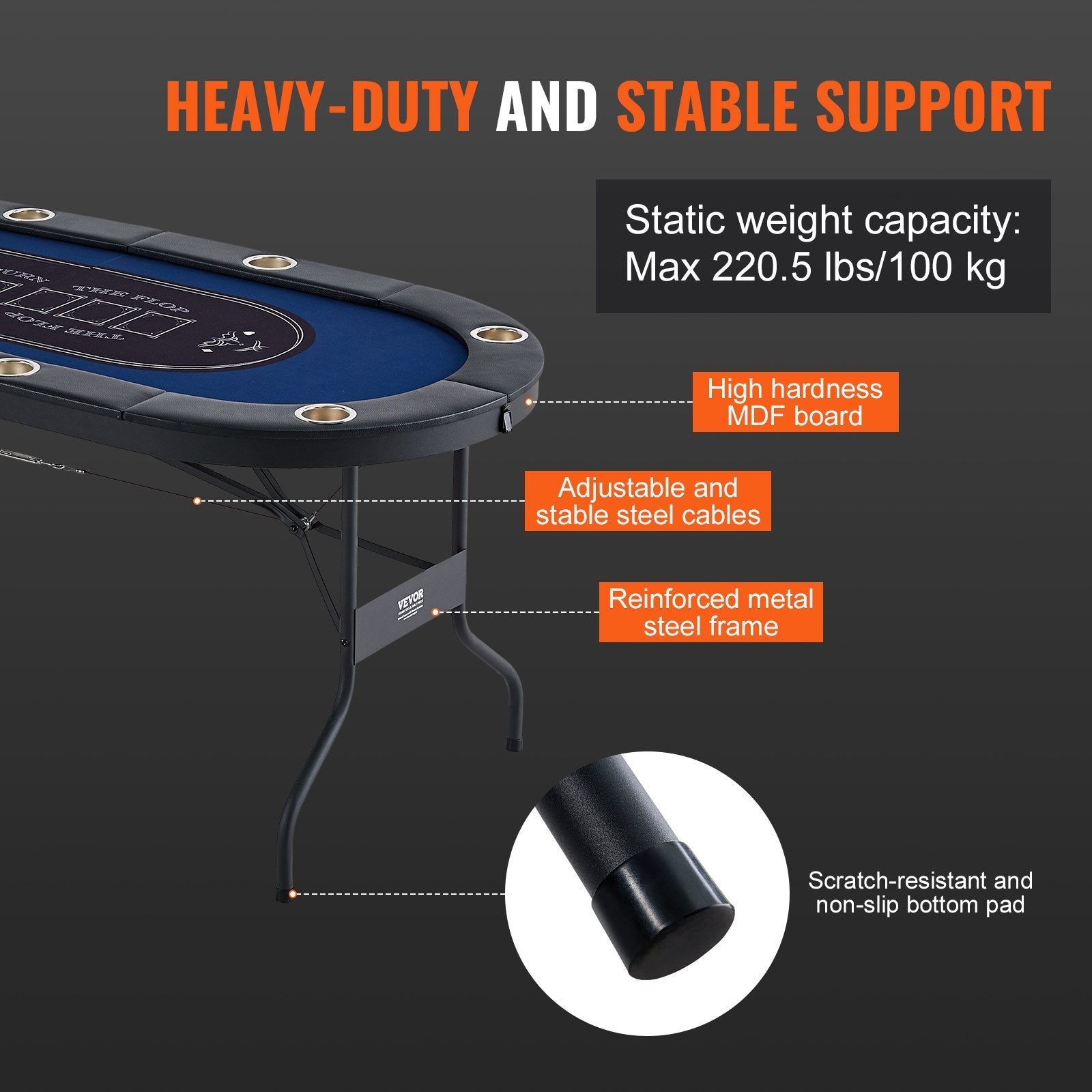 VEVOR 8 Player Foldable Poker Table, Blackjack Texas Holdem Poker Table with Padded Rails and Stainless Steel Cup Holders, Portable Folding Card Board Game Table, 72