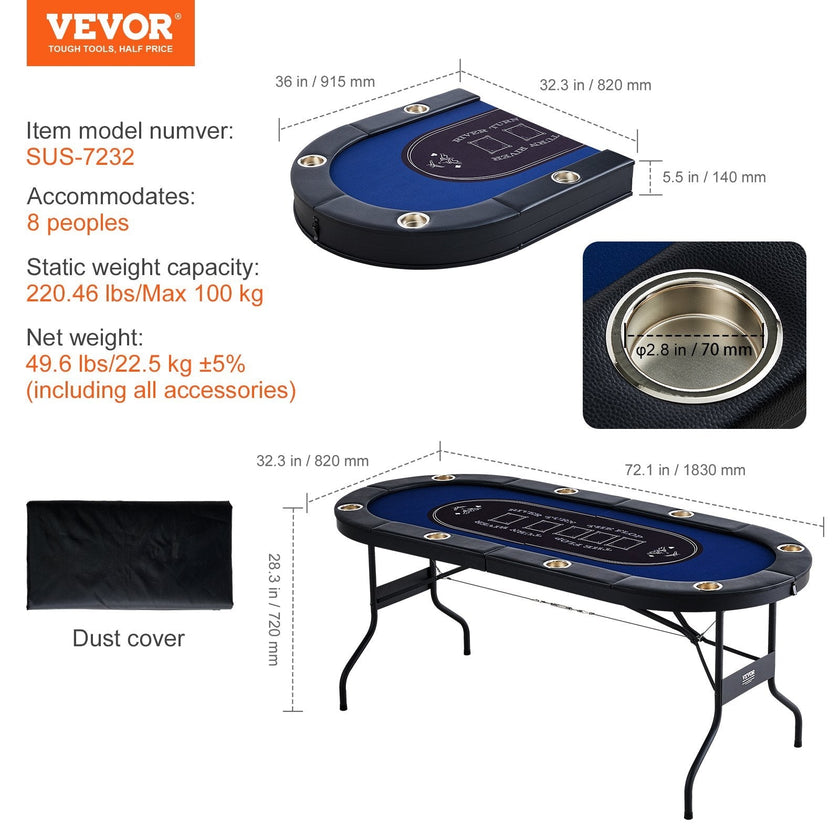 VEVOR 8 Player Foldable Poker Table, Blackjack Texas Holdem Poker Table with Padded Rails and Stainless Steel Cup Holders, Portable Folding Card Board Game Table, 72