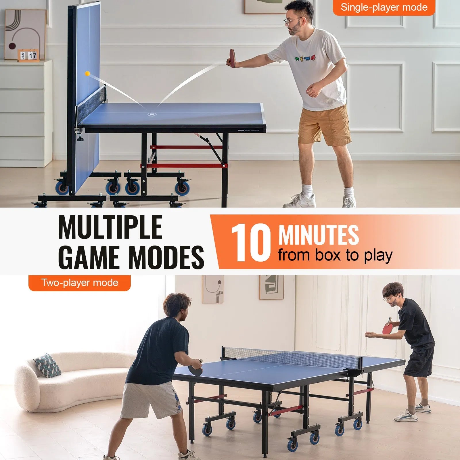 VEVOR Ping Pong Table Foldable Table Tennis Game Table Indoor with Clamp Net