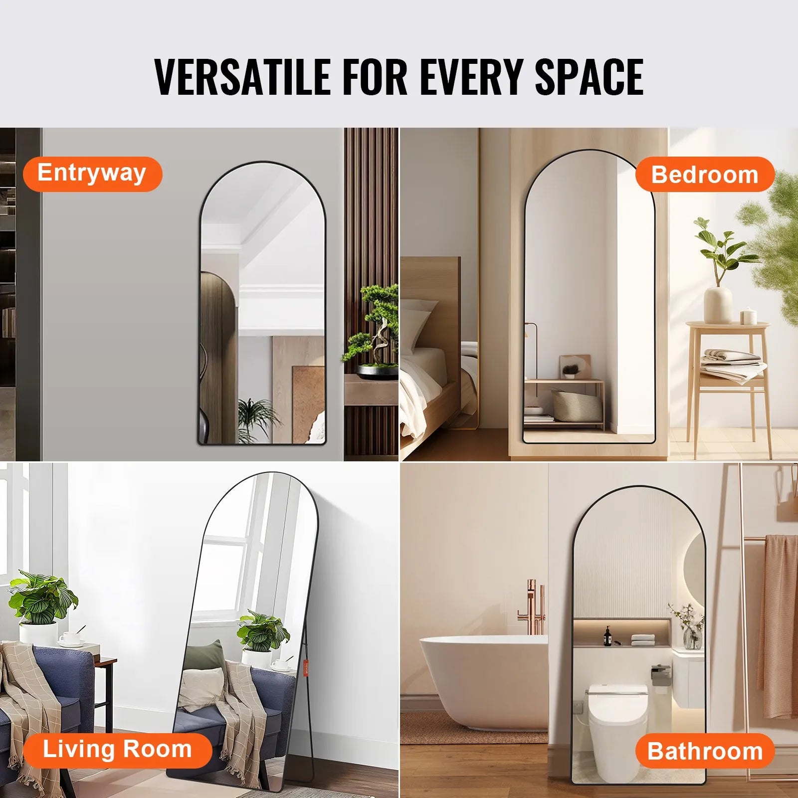 VEVOR Arched Full Length Mirror, 71'' x 32'', Large Free Standing Leaning Hanging Wall Mounted Floor Mirror with Stand Aluminum Alloy Frame, Full Body Dressing Mirror for Living Room Bedroom, Black