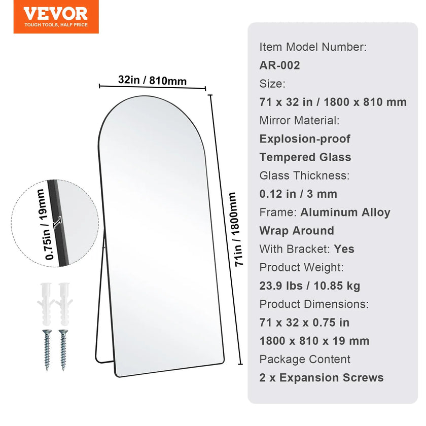 VEVOR Arched Full Length Mirror, 71'' x 32'', Large Free Standing Leaning Hanging Wall Mounted Floor Mirror with Stand Aluminum Alloy Frame, Full Body Dressing Mirror for Living Room Bedroom, Black