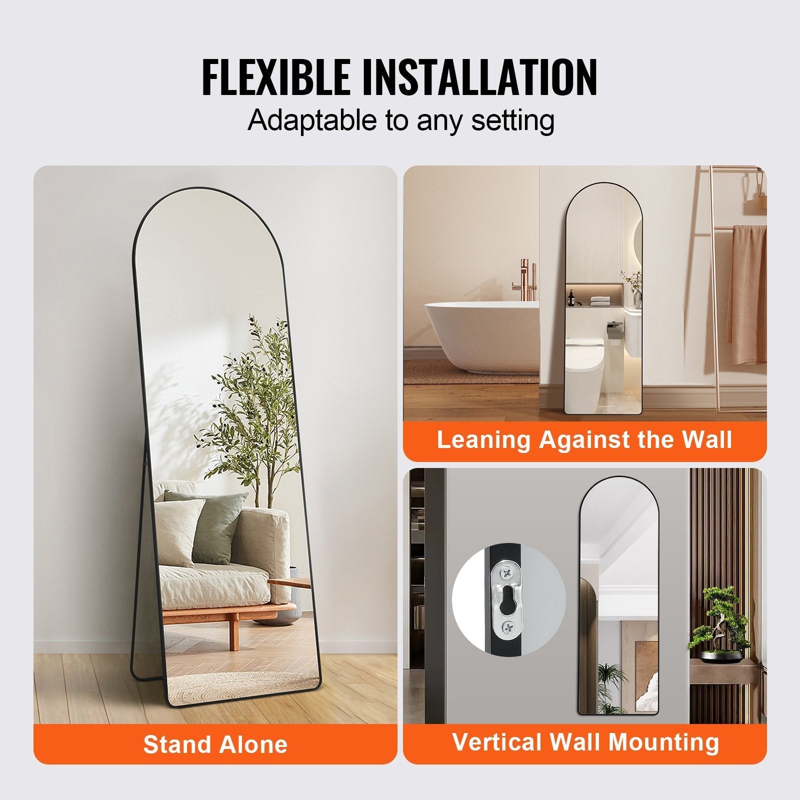 VEVOR Arched Full Length Mirror, 65'' x 22'', Large Free Standing Leaning Hanging Wall Mounted Floor Mirror with Stand Aluminum Alloy Frame, Full Body Dressing Mirror for Living Room Bedroom, Black
