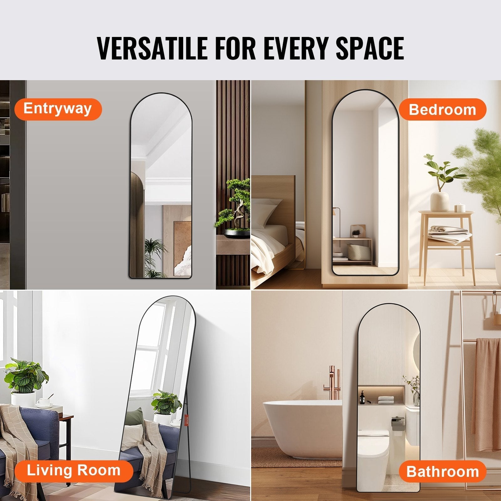 VEVOR Arched Full Length Mirror, 65'' x 22'', Large Free Standing Leaning Hanging Wall Mounted Floor Mirror with Stand Aluminum Alloy Frame, Full Body Dressing Mirror for Living Room Bedroom, Black