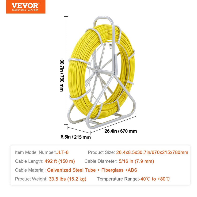 VEVOR Fish Tape Fiberglass, 492 ft, 5/16 in, Duct Rodder Fishtape Wire Puller, Cable Running Rod with Steel Reel Stand, 3 Pulling Heads, Fishing Tools for Walls and Electrical Conduit, Non-Conductive