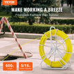 VEVOR Fish Tape Fiberglass, 600 ft, 5/16 in, Duct Rodder Fishtape Wire Puller, Cable Running Rod with Steel Reel Stand, 3 Pulling Heads, Fishing Tools for Walls and Electrical Conduit, Non-Conductive