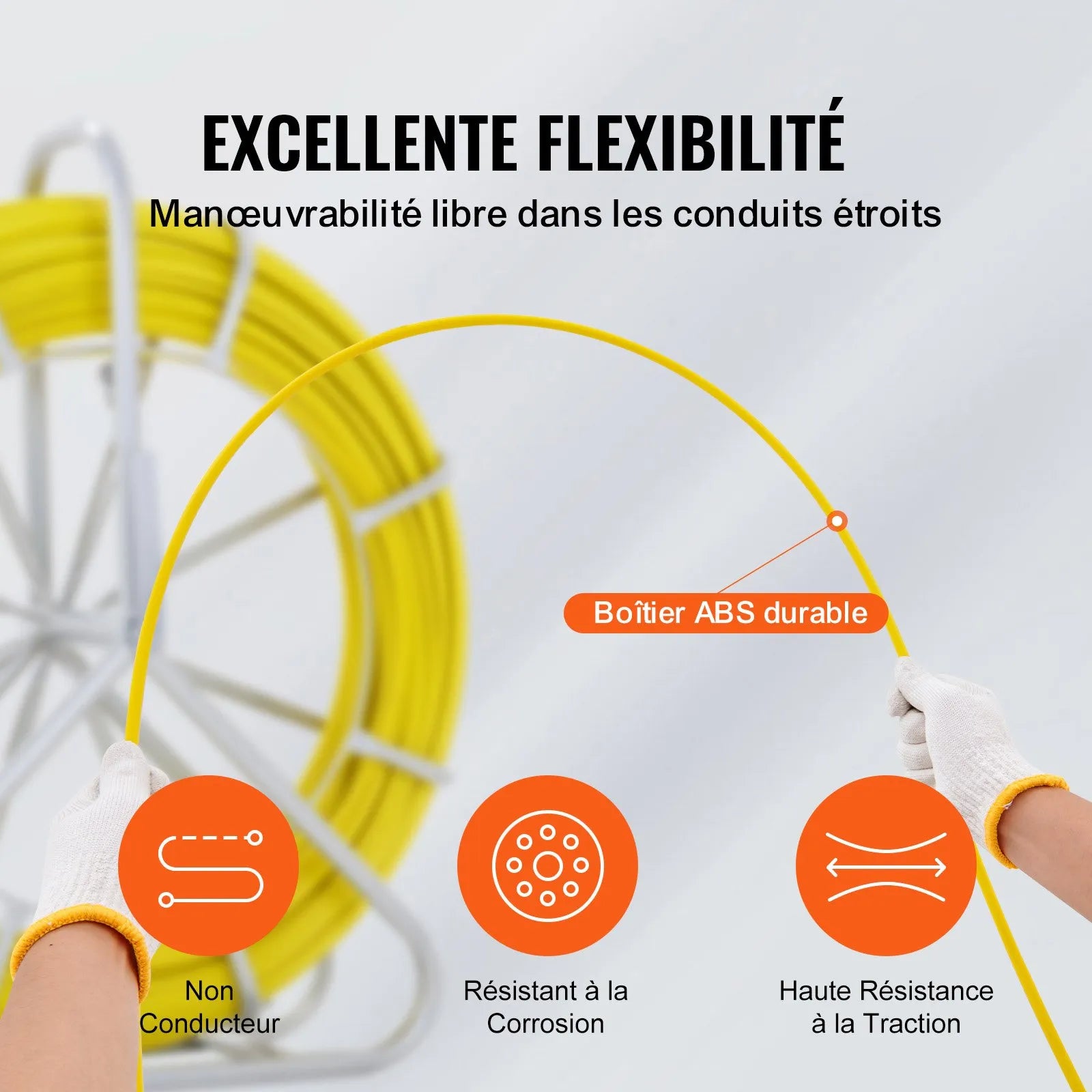 VEVOR Fish Tape Fiberglass, 425 ft, 1/4 inch, Duct Rodder Fishtape Wire Puller, Cable Running Rod with Steel Reel Stand, 3 Pulling Heads, Fishing Tools for Walls and Electrical Conduit, Non-Conductive