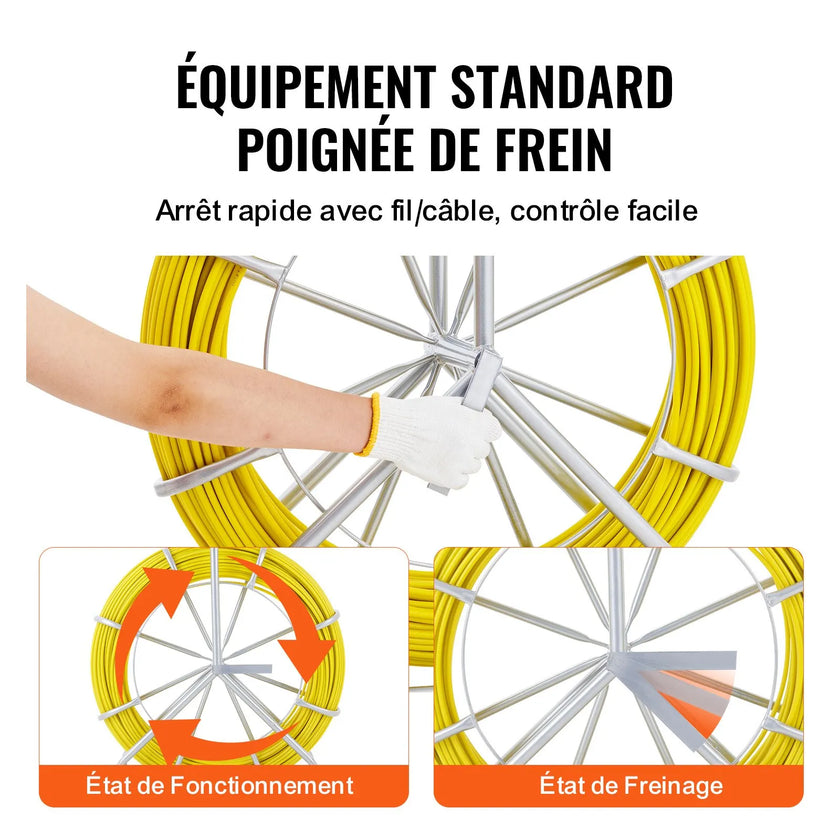VEVOR Fish Tape Fiberglass, 425 ft, 1/4 inch, Duct Rodder Fishtape Wire Puller, Cable Running Rod with Steel Reel Stand, 3 Pulling Heads, Fishing Tools for Walls and Electrical Conduit, Non-Conductive