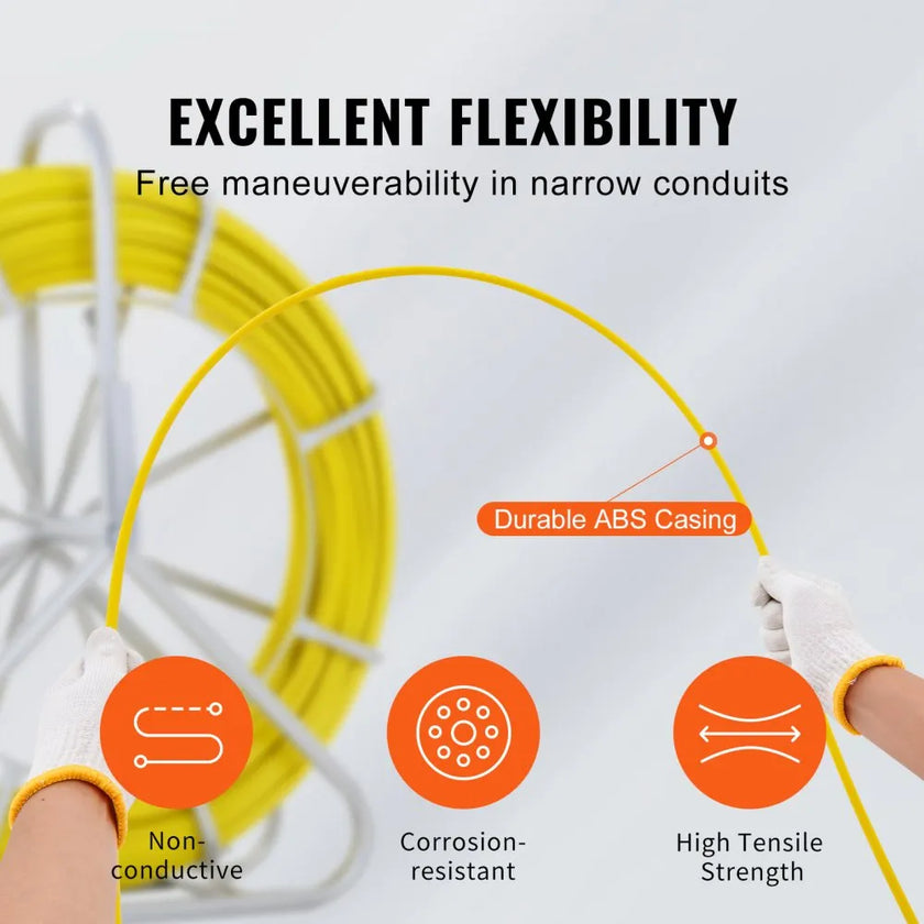 VEVOR Fish Tape Fiberglass, 656 ft, 1/4 inch, Duct Rodder Fishtape Wire Puller, Cable Running Rod with Steel Reel Stand, 3 Pulling Heads, Fishing Tools for Walls and Electrical Conduit, Non-Conductive