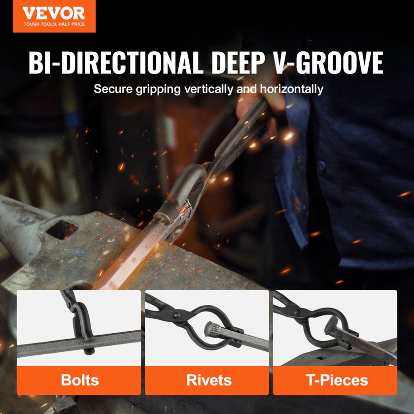 VEVOR Blacksmith Tongs, 18” V-Bit Bolt Tongs, Carbon Steel Forge Tongs with A3 Steel Rivets, for Long, Irregular, and Nail-shaped Forgings, for Beginner and Seasoned Blacksmiths and Bladesmiths