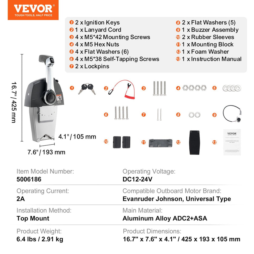 VEVOR Boat Throttle Control, 5006186 Top-Mounted Outboard Remote Control Box for Evinrude Johnson, Marine Throttle Control Box with Power Trim Switch and Lanyard