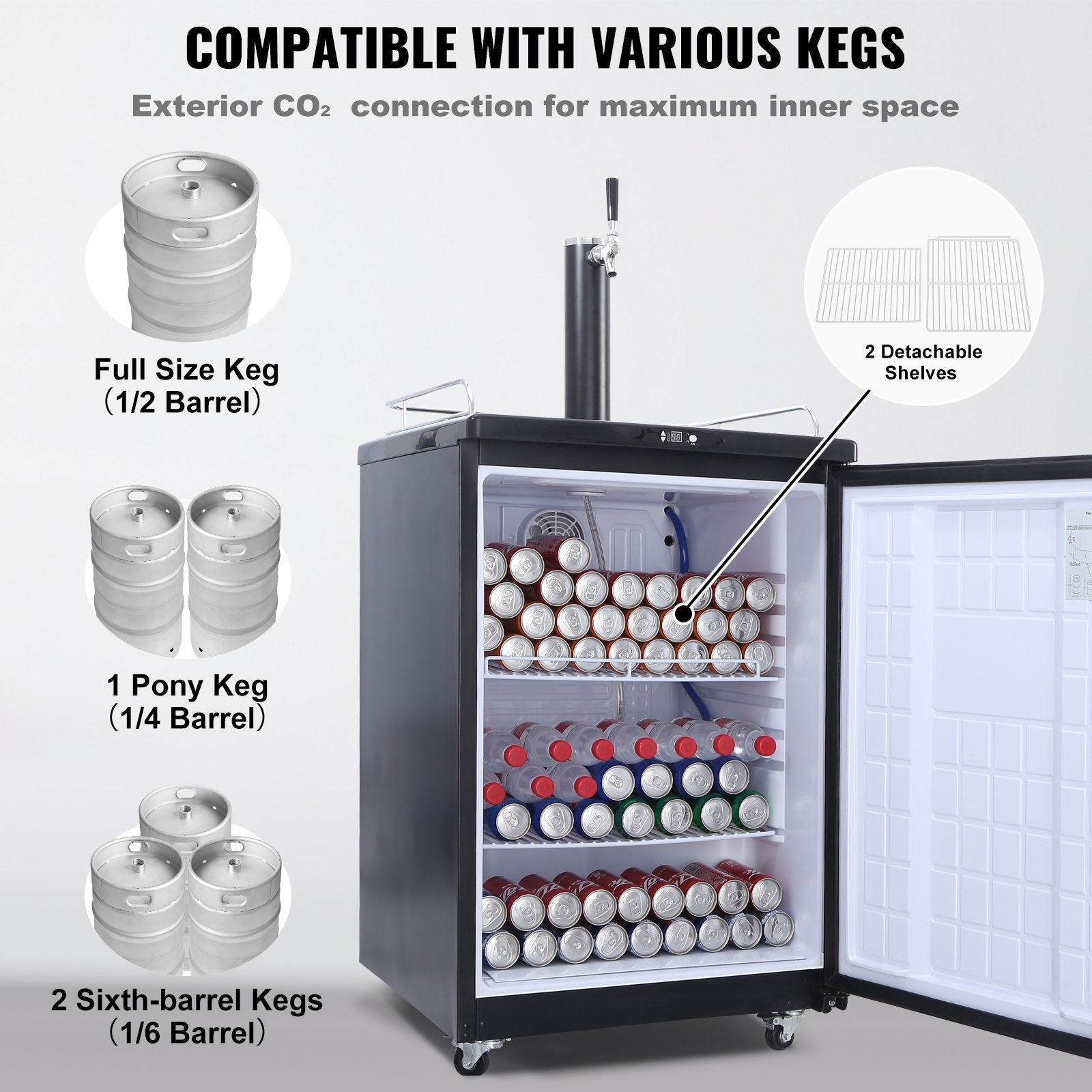 VEVOR Beer Kegerator, Single Tap Draft Beer Dispenser, Full Size Keg Refrigerator With Shelves, CO2 Cylinder, Drip Tray & Rail, 32°F- 75.2°F Temperature Control, Holds 1/6, 1/4, 1/2 Barrels, Black
