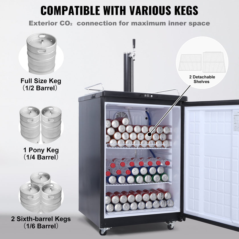 VEVOR Beer Kegerator, Single Tap Draft Beer Dispenser, Full Size Keg Refrigerator With Shelves, CO2 Cylinder, Drip Tray & Rail, 32°F- 75.2°F Temperature Control, Holds 1/6, 1/4, 1/2 Barrels, Black