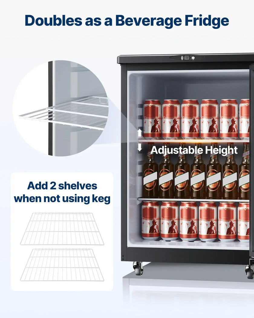VEVOR Beer Kegerator, Dual Tap Draft Beer Dispenser, Full Size Keg Refrigerator With Shelves, CO2 Cylinder, Drip Tray & Rail, 32°F- 75.2°F Temperature Control, Holds 1/6, 1/4, 1/2 Barrels, Black