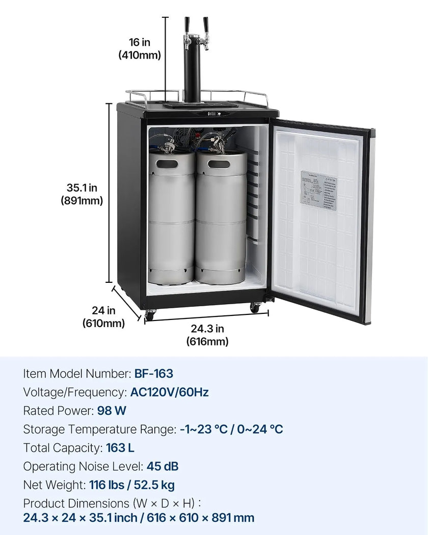 VEVOR Beer Kegerator, Dual Tap Draft Beer Dispenser, Full Size Keg Refrigerator With Shelves, CO2 Cylinder, Drip Tray & Rail, 32°F- 75.2°F Temperature Control, Holds 1/6, 1/4, 1/2 Barrels, Black