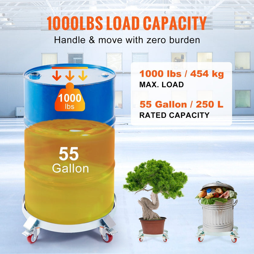 VEVOR 2PCS 55 Gallon Heavy Duty Drum Dolly, 1000 lbs Load Capacity, Barrel Dolly Cart Drum Caddy, Non Tipping Hand Truck Capacity Dollies with Steel Frame 4 Swivel Casters Wheel, for Drum Handling
