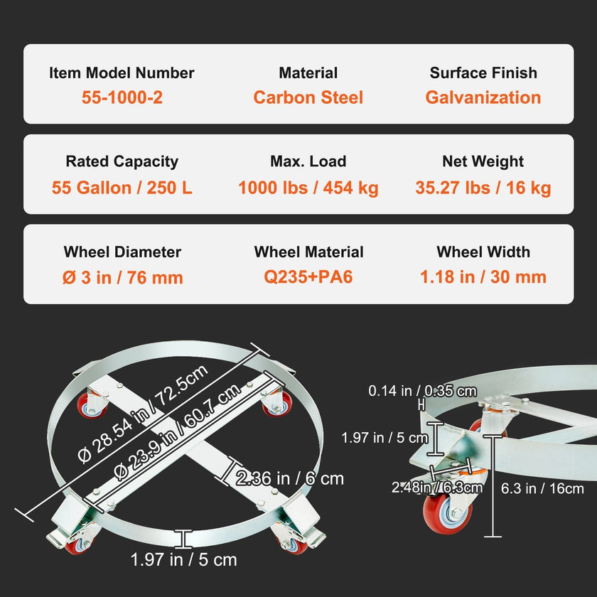 VEVOR 2PCS 55 Gallon Heavy Duty Drum Dolly, 1000 lbs Load Capacity, Barrel Dolly Cart Drum Caddy, Non Tipping Hand Truck Capacity Dollies with Steel Frame 4 Swivel Casters Wheel, for Drum Handling
