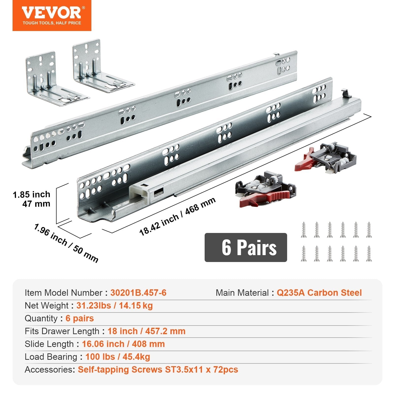 VEVOR 6 Pairs of 18 Inch Drawer Bottom Side Mount Rails, Heavy Duty Full Ball Bearing Extension Steel Track, Soft-Close Noiseless Guide Glides Cabinet Kitchen Runners with Locking Mechanism, 100 Lbs