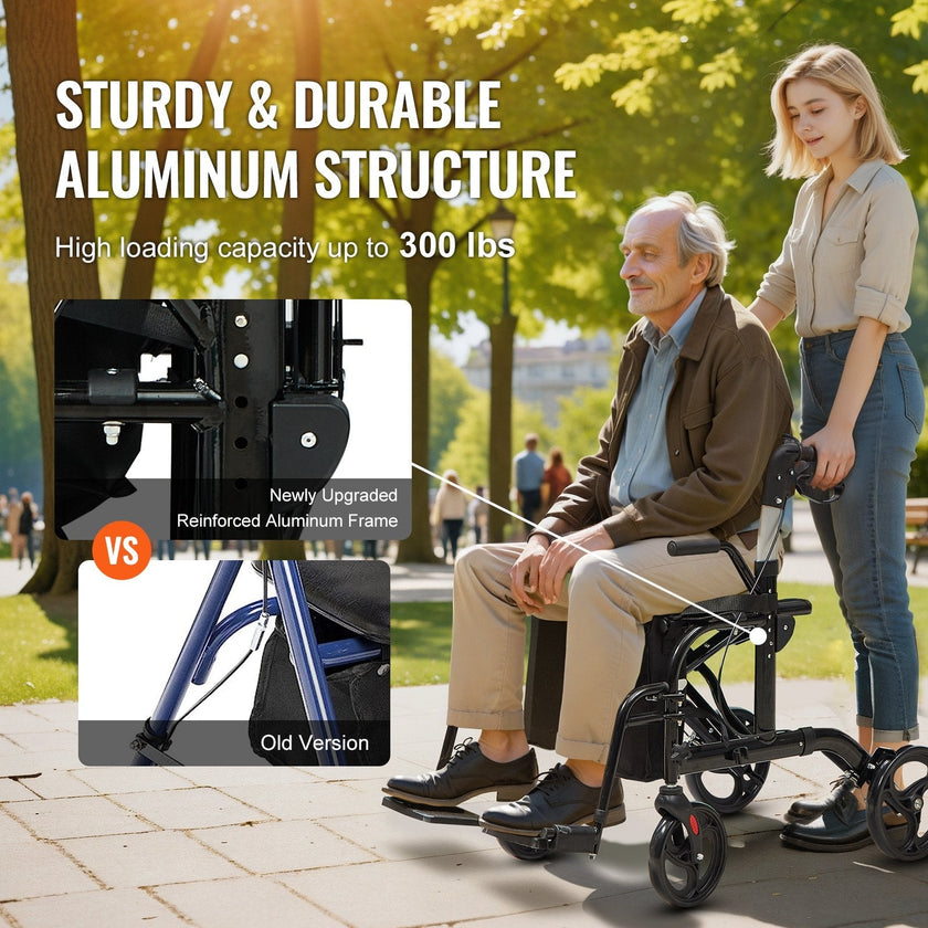 VEVOR 2 in 1 Rollator Walker & Transport Chair for Seniors, Folding Rolling Walker Wheelchair Combo & Footrests, Lightweight Aluminum Mobility Walker with Adjustable Handle, All Terrain Wheels, 300LBS
