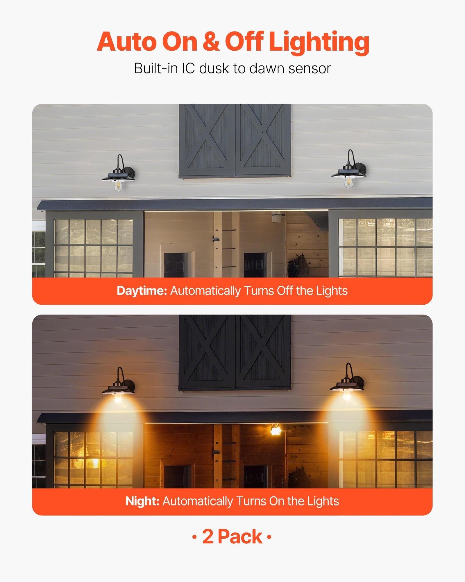 Solar Outdoor Barn Light 2-Pack – Gooseneck Wall Sconce with Motion Sensor, Waterproof Farmhouse Exterior Lighting
