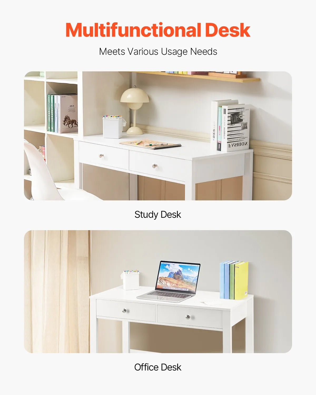VEVOR Small Desk with Drawers Kids Desk for Bedroom Simple Study Table White