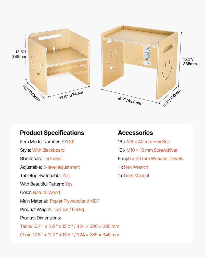 VEVOR Weaning Table and Chair Set Montessori Toddler Desk with Blackboard Wood