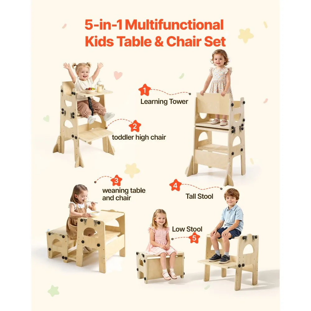 Montessori Toddler Tower & Weaning Table Set, Adjustable Wooden Kitchen Step Stool with Chair, Chalkboard & Backrest for Kids Ages 1-5