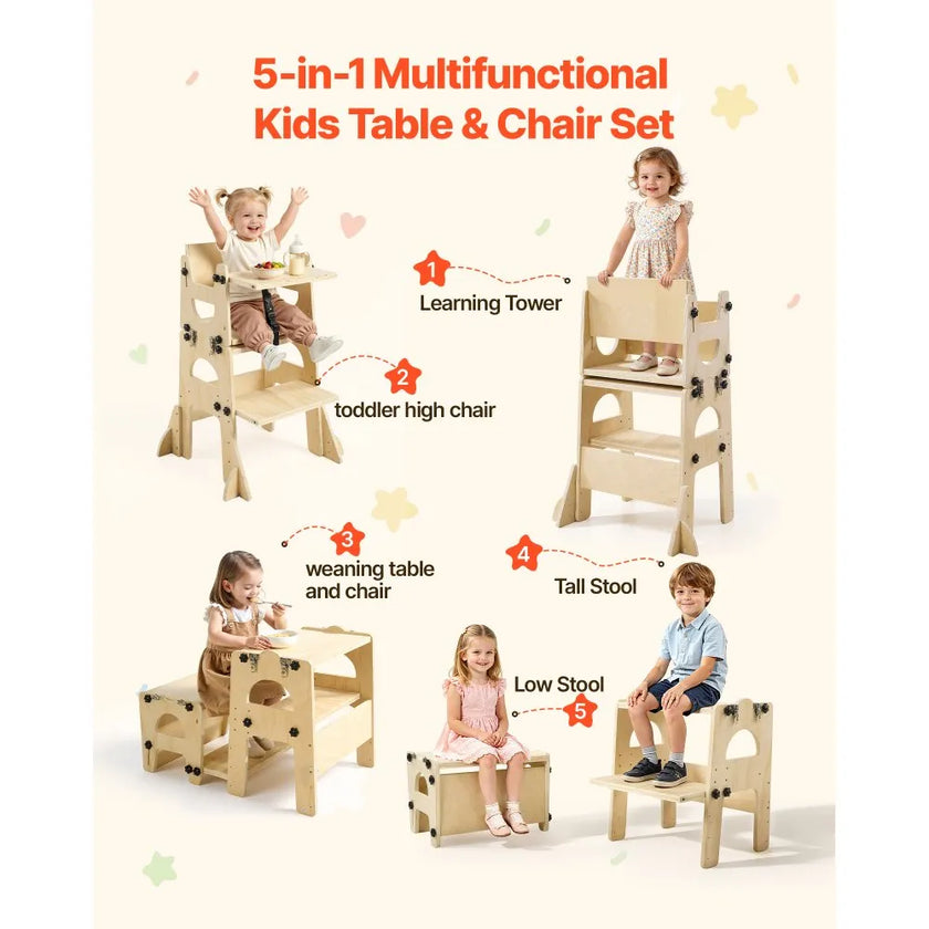 Montessori Toddler Tower & Weaning Table Set, Adjustable Wooden Kitchen Step Stool with Chair, Chalkboard & Backrest for Kids Ages 1-5