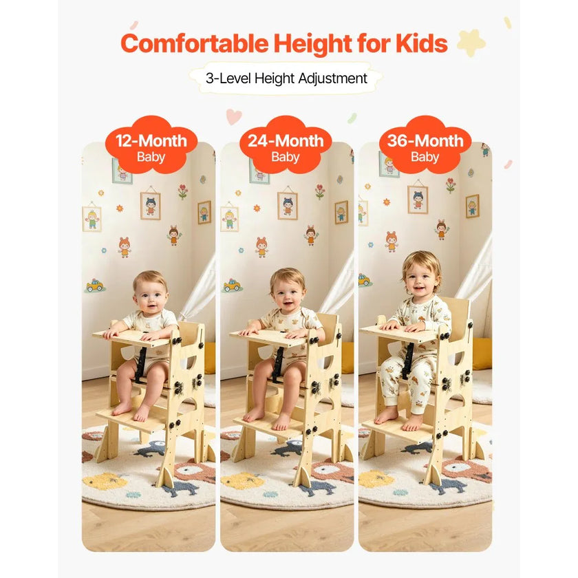 Montessori Toddler Tower & Weaning Table Set, Adjustable Wooden Kitchen Step Stool with Chair, Chalkboard & Backrest for Kids Ages 1-5