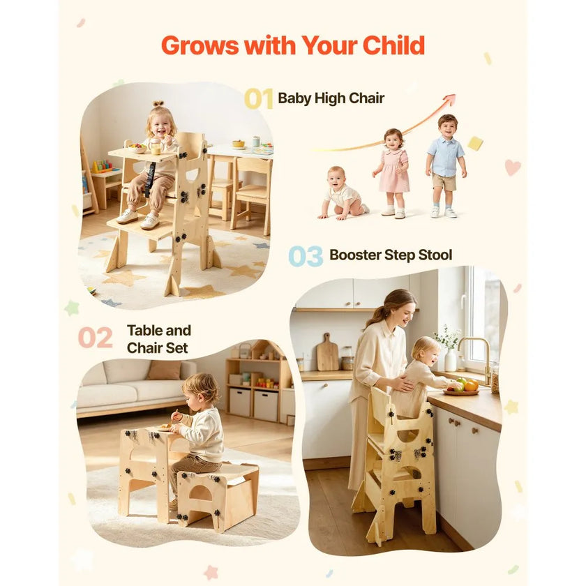 Montessori Toddler Tower & Weaning Table Set, Adjustable Wooden Kitchen Step Stool with Chair, Chalkboard & Backrest for Kids Ages 1-5