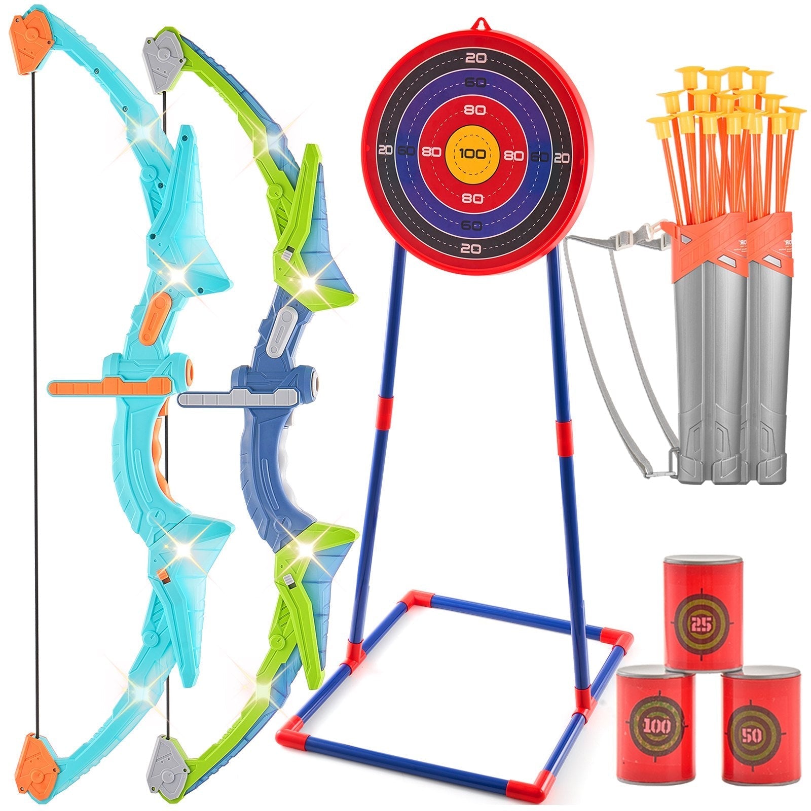 VEVOR Bow and Arrow Set for Kids, 2 Pack LED Light Up Archery Set with 20 Suction Cup Arrows, Standing Target, 2 Quivers, 3 Target Cans, Outdoor Toy Birthday Gift for Boys & Girls 6 7 8 9 10+ Year Old