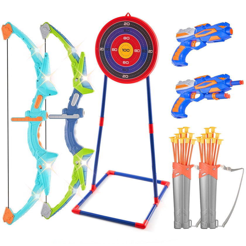 VEVOR Bow and Arrow Set for Kids, 2 Pack LED Light Up Archery Set with 20 Suction Cup Arrows, Standing Target, 2 Quivers, 2 Guns, 20 Soft Bullets, 3 Target Cans, Outdoor Toy for Boy & Girl 6+ Year Old