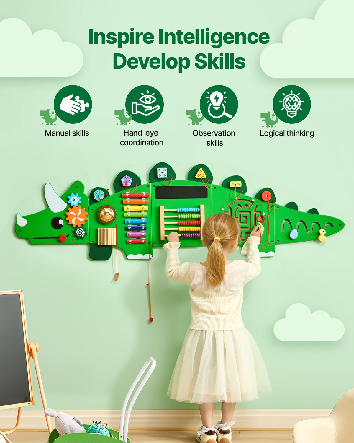 VEVOR Dinosaur Activity Wall Busy Board Panels 11 Activities Sensory Wall Panel