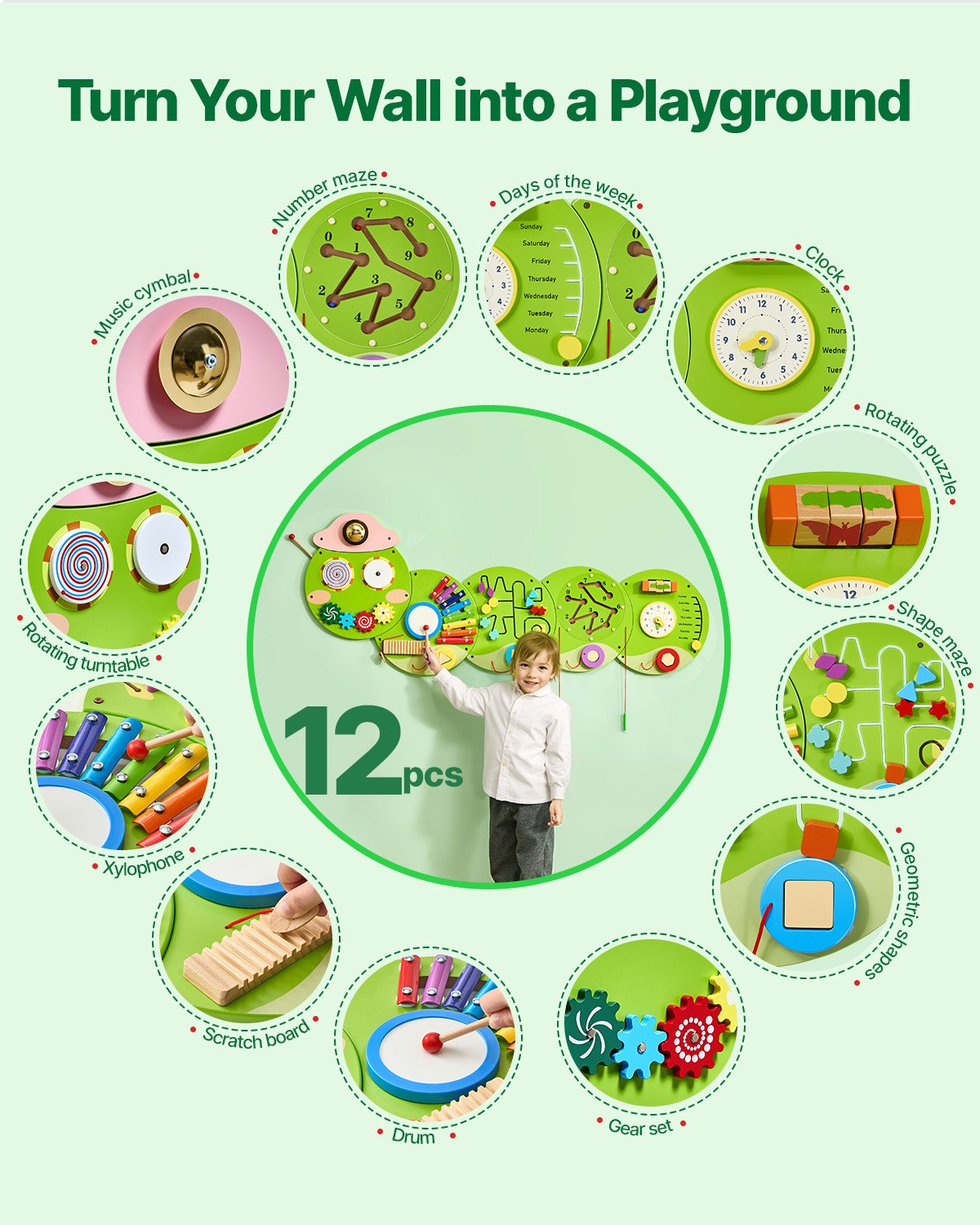 VEVOR Caterpillar Activity Wall Busy Board Panels 12 Activities Sensory Wall Toy