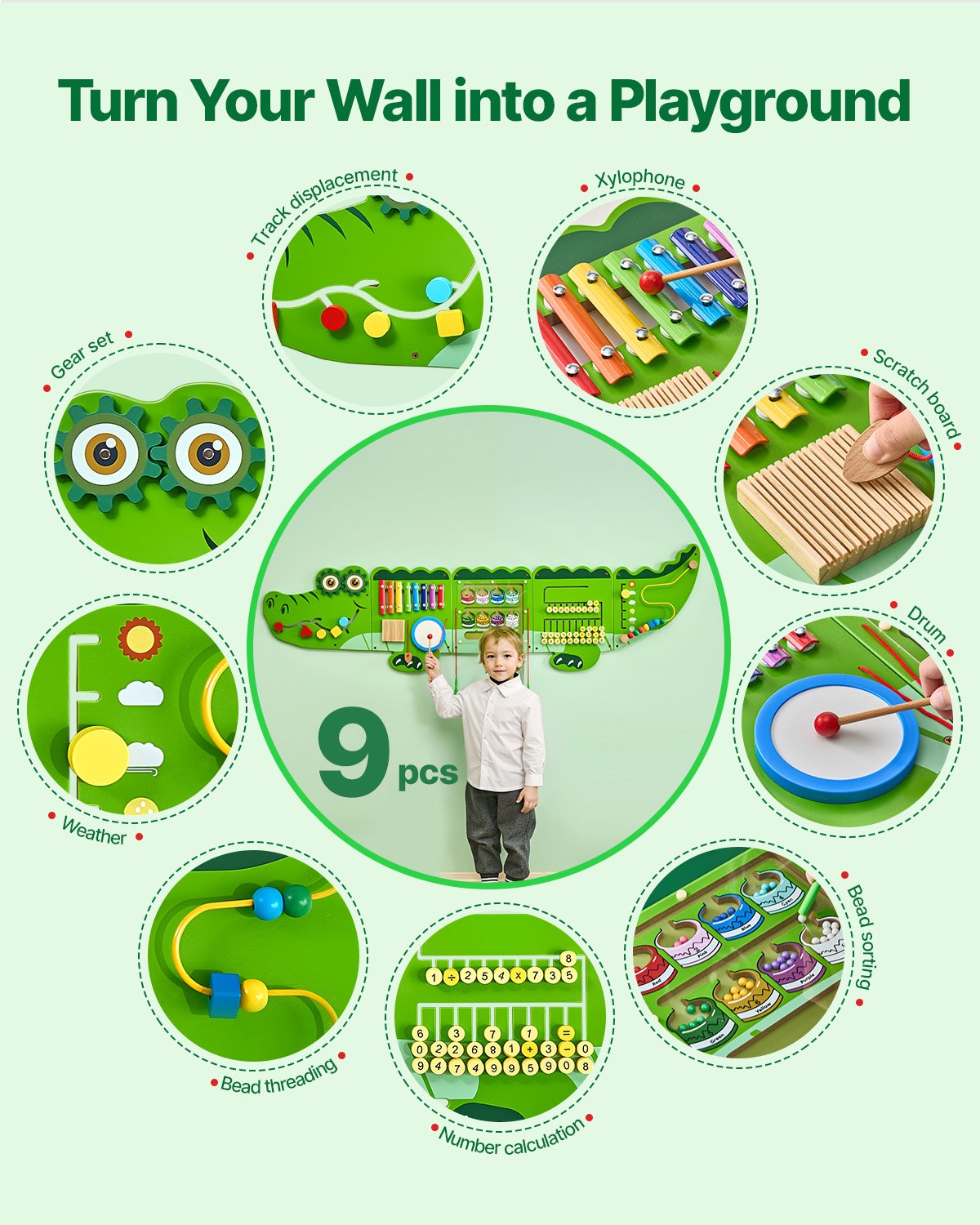 VEVOR Crocodile Activity Wall Busy Board Panels 9 Activities Sensory Wall Panel