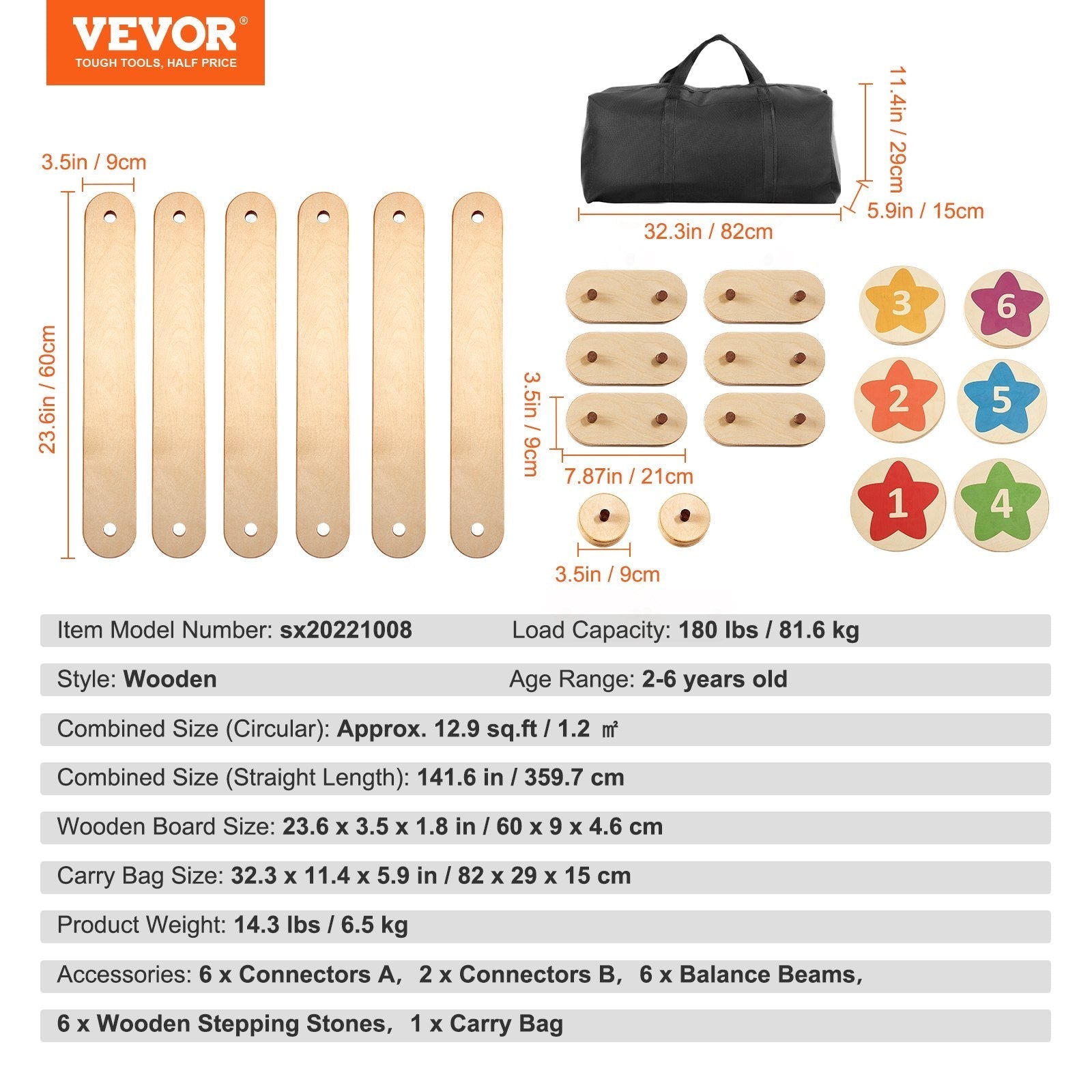 VEVOR Kids Balance Beam Stepping Stones Gymnastics Children Balance Board 6 PCS