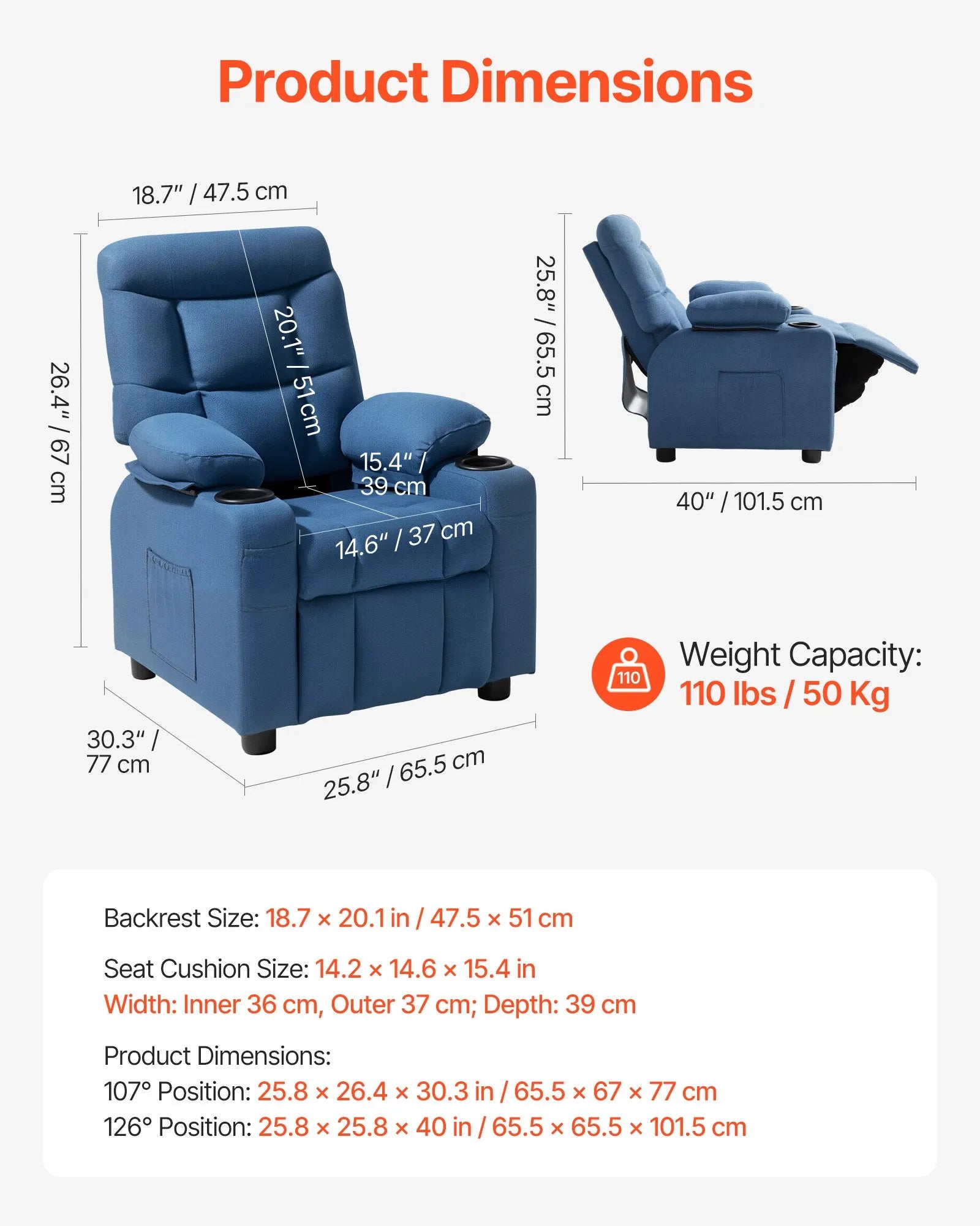 VEVOR Kids Reclining Chair Toddler Recliner with Cup Holders and Pockets (Blue)