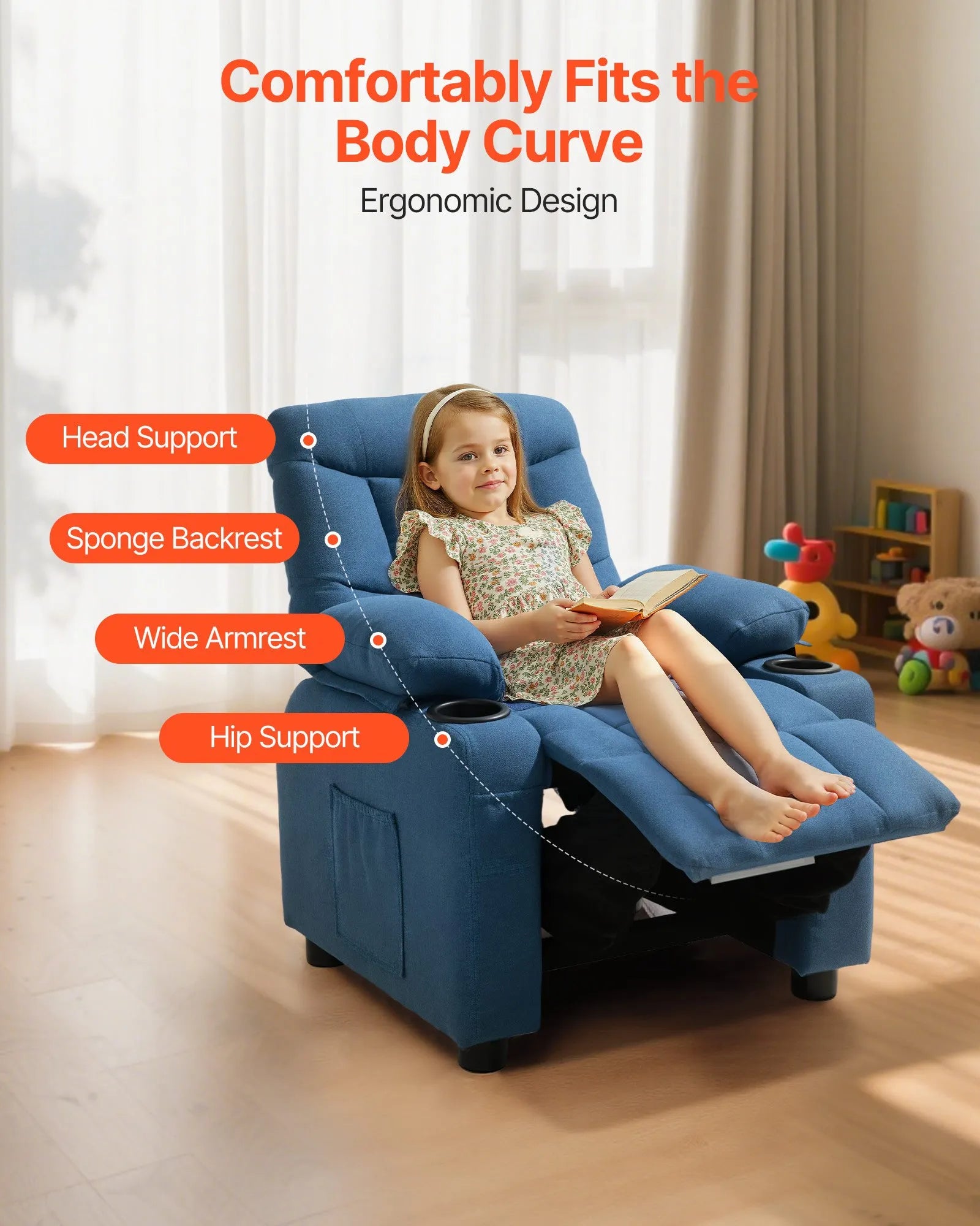 VEVOR Kids Reclining Chair Toddler Recliner with Cup Holders and Pockets (Blue)