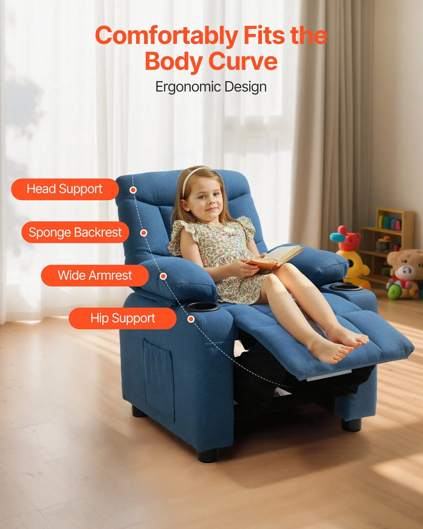 VEVOR Kids Reclining Chair Toddler Recliner with Cup Holders and Pockets (Blue)