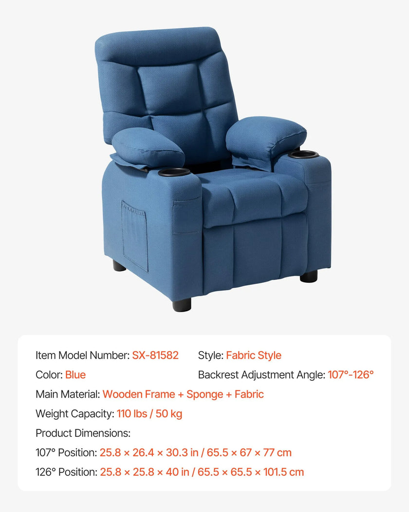 VEVOR Kids Reclining Chair Toddler Recliner with Cup Holders and Pockets (Blue)