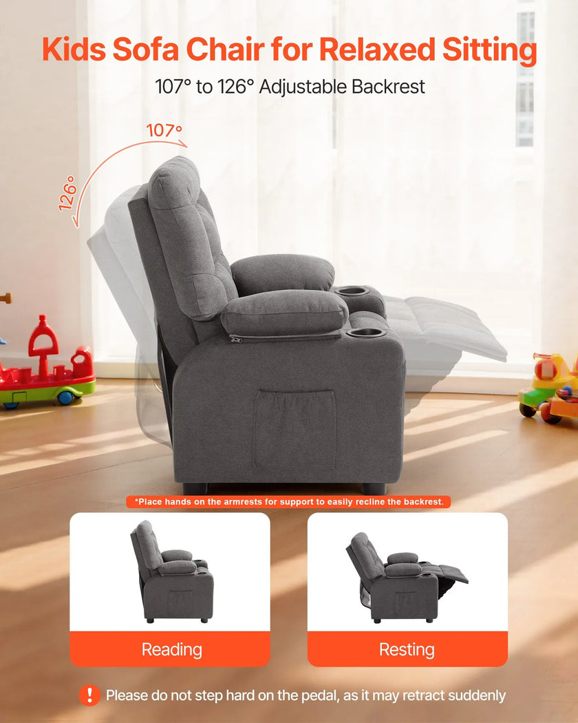 VEVOR Kids Reclining Chair Toddler Recliner with Cup Holders and Pockets (Grey)