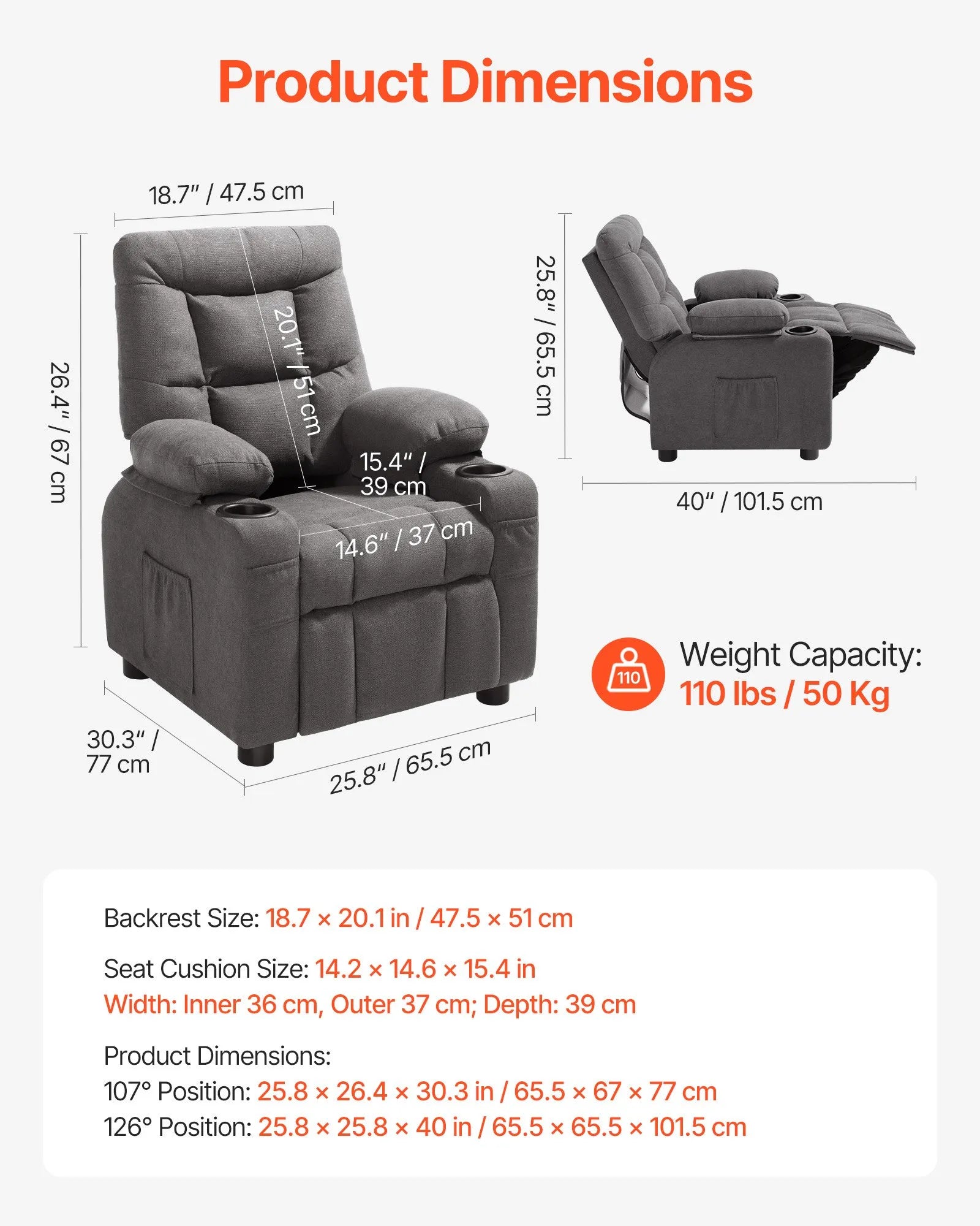 VEVOR Kids Reclining Chair Toddler Recliner with Cup Holders and Pockets (Grey)