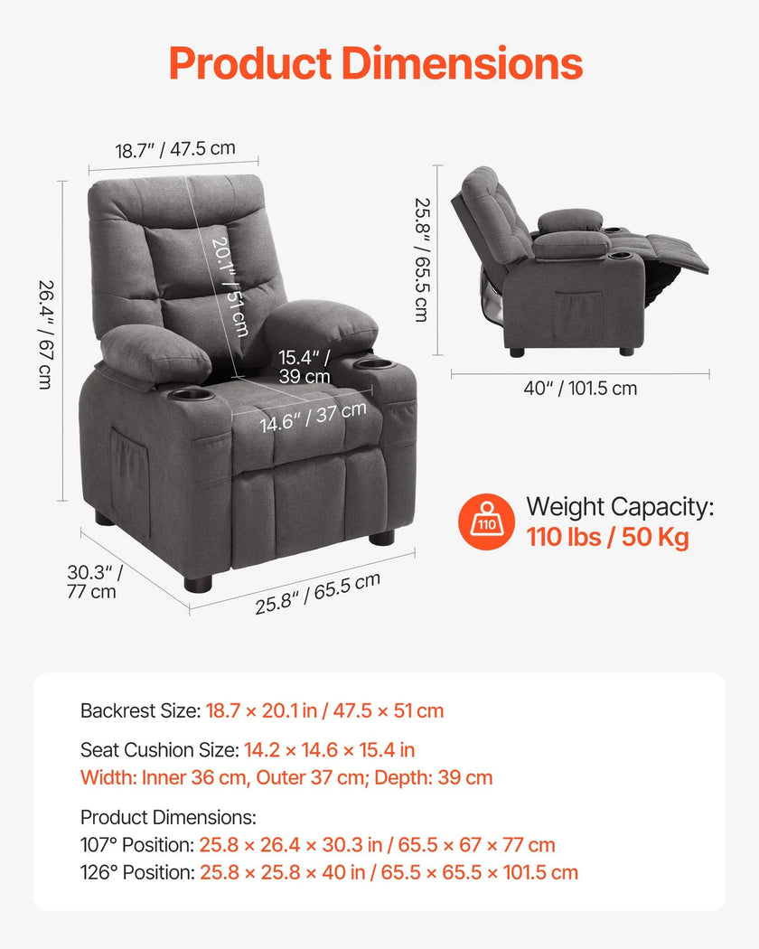 VEVOR Kids Reclining Chair Toddler Recliner with Cup Holders and Pockets (Grey)