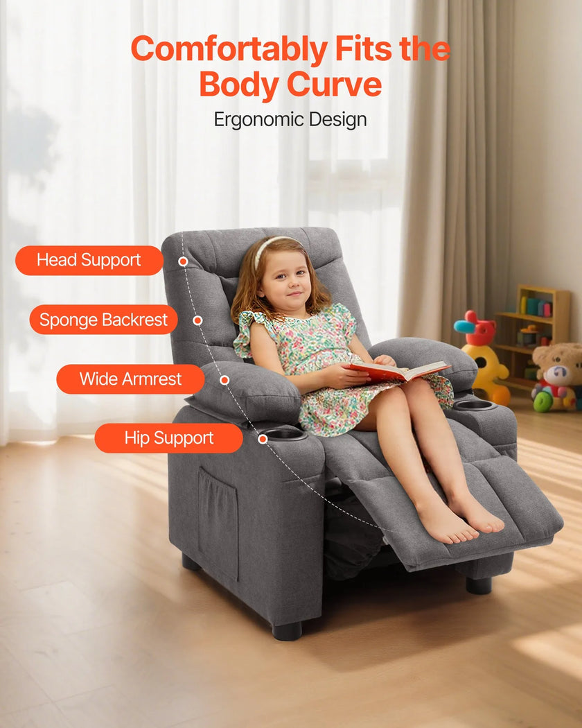 VEVOR Kids Reclining Chair Toddler Recliner with Cup Holders and Pockets (Grey)